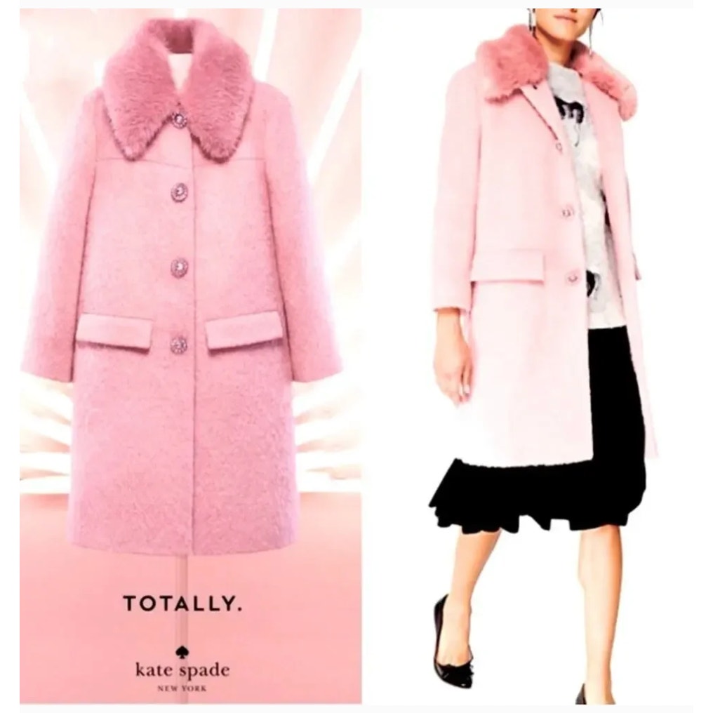 Kate Spade Faux Fur Tulip Pink Jewel Button Wool Coat Size 0